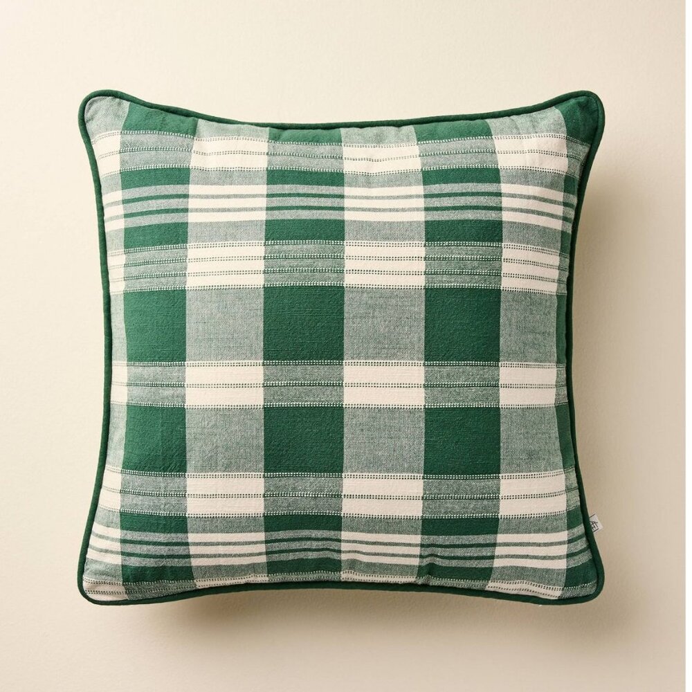 HEARTH & HAND Removable Cover Cotton  Square Pillow Green Cream 18 x 18